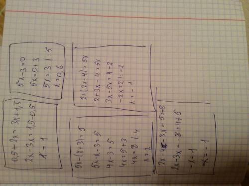 5x-3=0 0,5+2x=3x+1,5 5x-(x+3)=5 2+(3x-4)=5x 2x-4-3x-5=-8