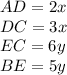 AD=2x\\
DC=3x\\
EC=6y\\
BE=5y\\\
