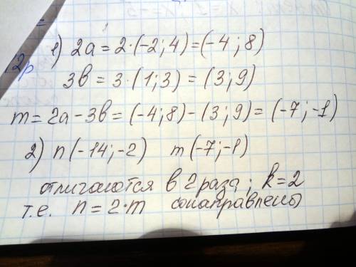 Даны вектора a (-2; 4) и b (1; 3) 1)найдите координаты вектора m=2a-3b. 2)сонаправлены или противопо