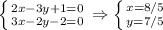 \left \{ {{2x-3y+1=0 } \atop {3x-2y-2=0}} \right. 
\Rightarrow
 \left \{ {{x=8/5 } \atop {y=7/5}} \right.