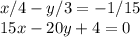 x/4-y/3 = -1/15 \\
15x-20y+4=0