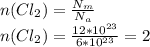 n(Cl_2) = \frac{N_m}{N_a} \\
n(Cl_2) = \frac{12*10^{23}}{6*10^{23}} = 2