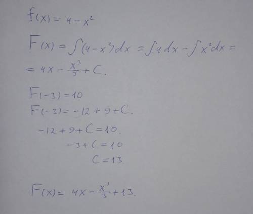Найдите первообразную функции f(x) = 4 - x^2 график которой проходит через точку (- 3: 10).