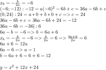 x_b=- \frac{b}{2a}=-6 \\ (-6;-12):-12=a(-6)^2-6b+c=36a-6b+c \\ 
(0;24):24=a*0+b*0+c=c=24 \\ 36a-6b+c=36a-6b+24=-12 \\ 36a-6b=-36|:6 \\ 
6a-b=-6=b=6a+6 \\ x_b=- \frac{b}{2a}=-6 = \frac{b}{2a}=6= \frac{6a+6}{2a}=6 \\ 6a+6=12a \\ 6a=6=a=1 \\ b=6a+6=6+6=12 \\ \\ y=x^2+12x+24