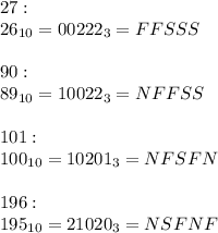 27:\\
26_{10} = 00222_3=FFSSS\\\\90:\\89_{10}=10022_3=NFFSS\\\\101:\\100_{10}=10201_3=NFSFN\\\\196:\\195_{10}=21020_3=NSFNF
