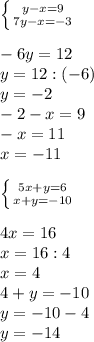\left \{ {{y-x=9} \atop {7y-x=-3}} \right. \\\\
-6y=12\\y=12:(-6)\\y=-2\\-2-x=9\\-x=11\\x=-11\\\\ \left \{ {{5x+y=6} \atop {x+y=-10}} \right\\\\4x=16\\x=16:4\\x=4\\4+y=-10\\y=-10-4\\y=-14
