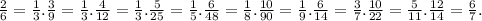 \frac{2}{6} = \frac{1}{3}. \frac{3}{9} = \frac{1}{3}.
 \frac{4}{12} = \frac{1}{3}.
 \frac{5}{25} = \frac{1}{5}.
 \frac{6}{48} = \frac{1}{8}.
 \frac{10}{90} = \frac{1}{9}.
 \frac{6}{14} = \frac{3}{7}.
 \frac{10}{22} = \frac{5}{11}.
 \frac{12}{14} = \frac{6}{7}.