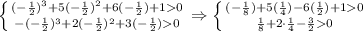 \left \{ {{(- \frac{1}{2})^3+5(- \frac{1}{2}) ^2+6(- \frac{1}{2})+10} \atop {-(- \frac{1}{2})^3+2(- \frac{1}{2})^2+3(- \frac{1}{2})0}} \right.\Rightarrow\left \{ {{(- \frac{1}{8})+5(\frac{1}{4})-6( \frac{1}{2})+10} \atop { \frac{1}{8}+2\cdot \frac{1}{4}- \frac{3}{2}0}} \right.