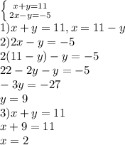 \left \{ {{x+y=11} \atop {2x-y=-5}} \right. \\ 1)x + y = 11, x=11-y \\ 
2)2x-y=-5 \\ 2(11-y)-y=-5 \\ 22-2y-y=-5 \\ -3y=-27 \\ y=9 \\ 3)x+y=11 \\ x+9=11 \\ x=2
