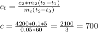 \\ c_{t}= \frac{c_{в}*m_{в}(t_{3}-t_{1})}{m_{t}( t_{2} - t_{3})} \\ 
 \\ c= \frac{4200 *0.1*5}{0.05*60} = \frac{2100}{3} = 700