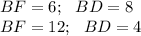 BF=6; \ \ BD=8\\
BF=12;\ \ BD=4\\

