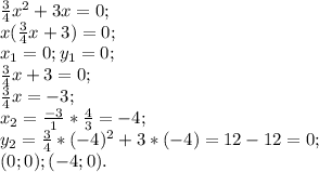 \frac{3}{4}x^2+3x=0;\\
x(\frac{3}{4}x+3)=0;\\x_1=0; y_1=0;\\ \frac{3}{4}x+3=0;\\\frac{3}{4}x=-3;\\x_2= \frac{-3}{1}* \frac{4}{3}=-4;\\ y_2=\frac{3}{4}*(-4)^2+3*(-4)= 12-12=0;\\
(0;0); (-4;0).