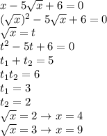 x-5\sqrt{x}+6=0\\
(\sqrt{x})^{2}-5\sqrt{x}+6=0\\
\sqrt{x}=t\\
t^{2}-5t+6=0\\
t_{1}+t_{2}=5\\
t_{1}t_{2}=6\\
t_{1}=3\\
t_{2}=2\\
\sqrt{x}=2 \to x=4\\
\sqrt{x}=3 \to x=9
