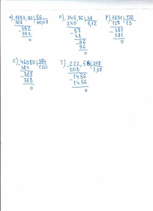 Как решить? выполните деление: а) 7,56: 0,6; б) 0,161: 0,7; в) 0,468: 0,09; г) 0,00261: 0,03; д) 0,8