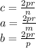 c=\frac{2pr}{n}\\
a=\frac{2pr}{m}\\ 
b=\frac{2pr}{p}