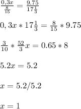 \\ \frac{0,3x}{ \frac{8}{15} } = \frac{9.75}{17 \frac{1}{3} } \\ 
 \\ 0,3x*17 \frac{1}{3} = \frac{8}{15} * 9.75 \\ 
 \\ \frac{3}{10} * \frac{52}{3}x =0.65*8 \\ 
 \\ 5.2x=5.2 \\ 
 \\ x=5.2/5.2 \\ 
 \\ x=1 \\