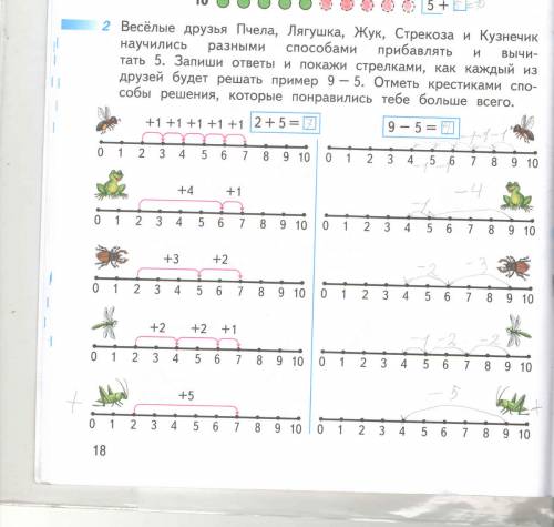 Веселые друзья пчела, лягушка, жук, стрекоза и кузнечик научились разными прибавлять и вычитать 5.за