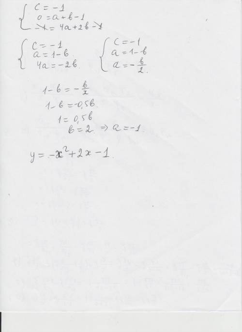 Квадратная функция,график которой проходит через точки (0; -1); (1; 0); (2; -1) задается уравнением
