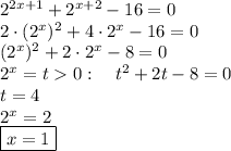 2^{2x+1}+2^{x+2}-16=0\\
2\cdot(2^x)^2+4\cdot2^x-16=0\\
(2^x)^2+2\cdot2^x-8=0\\
2^x=t0:\quad t^2+2t-8=0\\
t=4\\
2^x=2\\
\boxed{x=1}