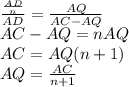 \frac{\frac{AD}{n}}{AD}=\frac{AQ}{AC-AQ }\\
 AC-AQ=nAQ \\
 AC=AQ(n+1)\\
 AQ=\frac{AC}{n+1}