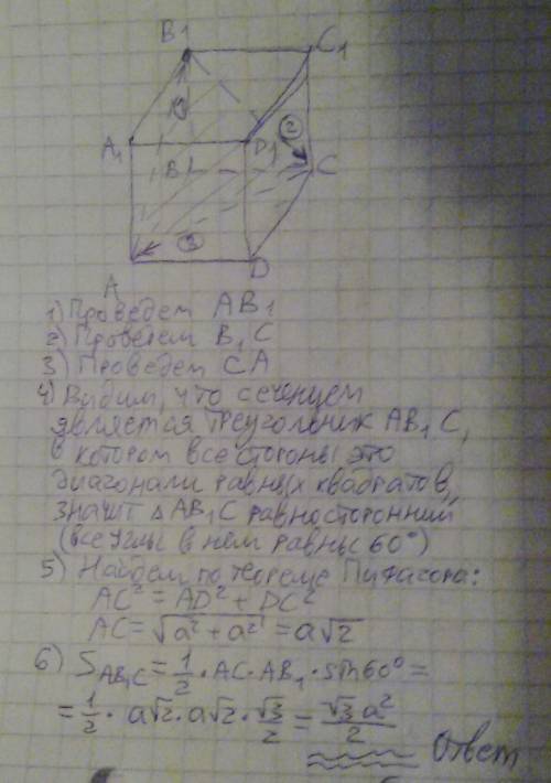 Ребро куба авсда1в1с1д1 равно а.постройте сечение куба,проходящее через точки в1,а.с и найдите его п