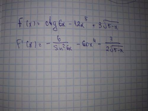 Найдите производную функции f(x) = ctg6x - 12x^5 + 3√5-x