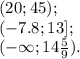 (20; 45);\\
(-7.8; 13];\\
(-\infty; 14\frac59).