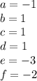 a=-1\\
 b=1\\ 
 c=1\\ 
 d=1\\ 
 e=-3\\ 
 f=-2\\
 
