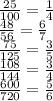 \frac{25}{100}= \frac{1}{4} \\ 
\frac{48}{56}= \frac{6}{7} \\
\frac{75}{125}= \frac{3}{5} \\
\frac{108}{144}= \frac{3}{4} \\ 
\frac{600}{720}= \frac{5}{6} \\ 
