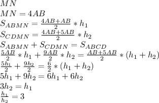 MN\\
MN=4AB\\
S_{ABMN} = \frac{4AB+AB}{2}*h_{1}\\
S_{CDMN} = \frac{4AB+5AB}{2}*h_{2}\\
 S_{ABMN}+S_{CDMN} = S_{ABCD}\\
 \frac{5AB}{2}*h_{1}+\frac{9AB}{2}*h_{2}=\frac{AB+5AB}{2}*(h_{1}+h_{2})\\
 \frac{5 h_{1}}{2}+\frac{9h_{2}}{2} = \frac{6}{2}*(h_{1}+h_{2}) \\
5h_{1}+9h_{2} = 6h_{1}+6h_{2}\\ 
 3h_{2}=h_{1}\\
 \frac{h_{1}}{h_{2}} = 3
