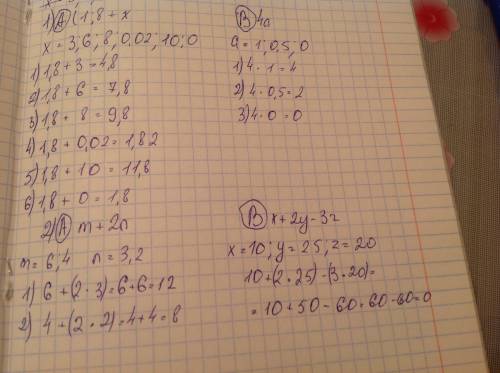 1) найдите значение выражения. а) 1,8 + х при х=3; 6,8; 0,02; 10; 0. в) 4а при а = 1; 0,5; 0. 2) а)