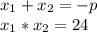 x_{1}+x_{2}=-p \\
x_1*x_2=24