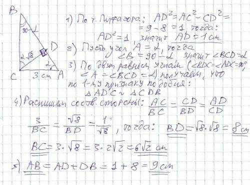 Дан прямоугольный треугольник ac=3 см cd=√8. найти: ab, bc, ad, bd