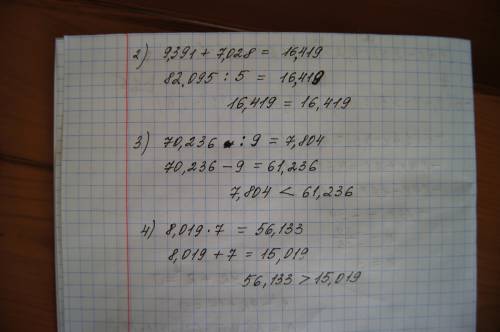 2) сумма чисел 9.391 и 7.028 равна частному чисел 82.095 и 5. 3) частное чисел 70.236 и 9 меньше раз