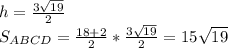 h=\frac{3\sqrt{19}}{2}\\
 S_{ABCD}=\frac{18+2}{2}*\frac{3\sqrt{19}}{2}=15\sqrt{19}