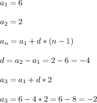 \\a_1 = 6 \\
\\a_2 = 2 \\
\\a_n = a_1 + d*(n-1) \\
\\d = a_2 - a_1 = 2 -6 = -4 \\
\\a_3 = a_1 + d*2 \\
\\a_3 = 6 - 4 * 2 = 6 - 8 = -2 \\
