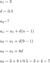 \\a_1 = 3 \\
\\d=0.5\\
\\a_9 - ?\\
\\a_n = a_1 + d(n-1)\\
\\a_9 = a_1 + d(9-1)\\
\\a_9 = a_1 + 8d\\
\\a_9 = 3 + 8*0.5 = 3+4 = 7 \\

