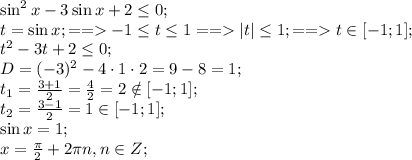 \sin^2x-3\sin x+2\leq0;\\
t=\sin x;==-1\leq t\leq1==|t|\leq1;==t\in[-1;1];\\
t^2-3t+2\leq0;\\
D=(-3)^2-4\cdot1\cdot2=9-8=1;\\
t_1=\frac{3+1}{2}=\frac42=2\notin[-1;1];\\
t_2=\frac{3-1}{2}=1\in[-1;1];\\
\sin x=1;\\
x=\frac\pi2+2\pi n, n\in Z;\\