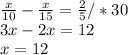 \frac{x}{10} - \frac{x}{15} = \frac{2}{5} / *30 \\ 
3x-2x=12 \\ x=12
