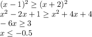 (x-1)^{2} \geq (x+2)^{2} \\ 
 x^{2} -2x+1 \geq x^{2} +4x+4 \\ 
-6x \geq 3 \\ 
x \leq -0.5

