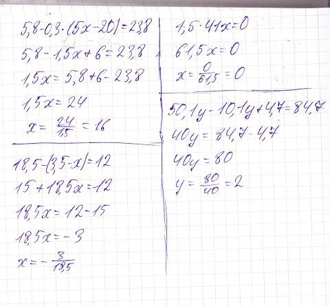 Решите уравнение 5,8-0,3*(5х-20)=23,8 1,5*(41х)=0 18,5-(3,5-х)=12 50,1у-10,1у+4,7=84,