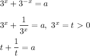 3^x + 3^{-x} = a \\ \\
3^x + \dfrac{1}{3^x} = a, \ 3^x = t \ \textgreater \ 0 \\ \\
t + \dfrac{1}{t} = a