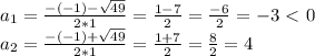 a_{1}=
 \frac{-(-1)- \sqrt{49} }{2*1} = \frac{1-7}{2} = \frac{-6}{2} =-3 \ 
\textless \ 0 \\ a_2= \frac{-(-1)+ \sqrt{49} }{2*1} = \frac{1+7}{2} = 
\frac{8}{2} =4