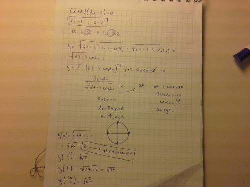 С! 40 ! 1) найти наименьшее значение функции y=√(67+3(sin^2x-cos^2x)) 2) (22sin144°*cos144°)/sin288°