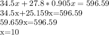 \displaystyle 34.5x+27.8*0.905x=596.59

34.5x+25.159x=596.59

59.659x=596.59

x=10