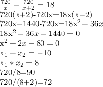 \frac{720}{x} - \frac{720}{x+2} =18 

720(x+2)-720x=18x(x+2) 

720x+1440-720x=18x^{2} +36x 

18x^{2}+36x-1440=0 

x^{2}+2x-80=0 

x_{1} + x_{2} =-10

x_{1} * x_{2} =8

720/8=90
 
720/(8+2)=72