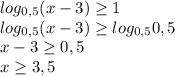 log_{0,5}(x-3) \geq 1 \\ 
log_{0,5}(x-3) \geq log_{0,5}0,5 \\ 
x-3 \geq 0,5 \\ 
x \geq 3,5 \\