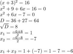 (x+3) ^{2} =16\\ x^{2} +9+6x-16=0\\ x^{2} +6x-7=0\\D=36+27=64 \\ \sqrt{D} =8\\ x_{1} = \frac{-6+8}{2} =1 \\ x_{2} = \frac{-6-8}{2} =-7\\\\ x_{1} + x_{2} =1+(-7)=1-7=-6
