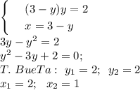 \begin{cases}
 & \text{ } (3-y)y=2 \\ 
 & \text{ } x=3-y 
\end{cases}\\ 3y-y^2=2\\ y^2-3y+2=0;\\ T.\,\, BueTa:\,\, y_1=2;\,\,\,y_2=2\\ x_1=2;\,\,\,\, x_2=1