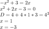 -x^2+3=2x\\
 x^2+2x-3=0\\
 D=4+4*1*3=4^2 \\
 x=1\\
 x=-3
